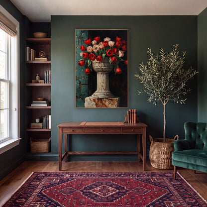 Carved Pedestal Bowl Tulips Classic wall art in a moody dark academia room – red and blush tulips in a carved stone