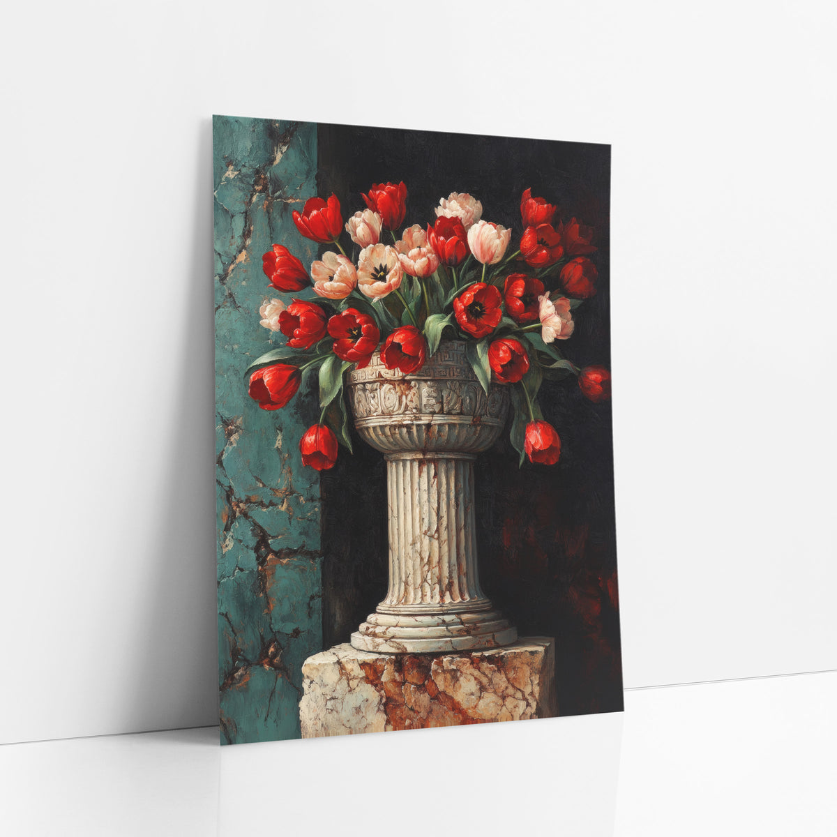 Carved Pedestal Bowl Tulips Classic art print leaning against a white wall – red and blush tulips in a carved stone urn