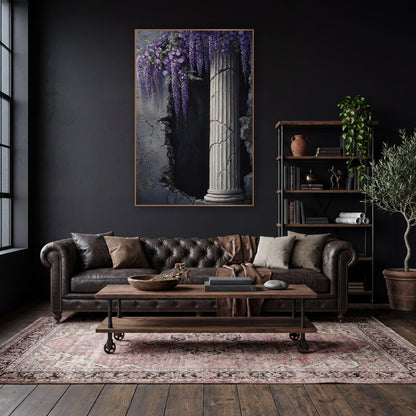 Lilac Wisteria Broken Archway Academia wall art in a moody dark academia room – purple wisteria clusters hanging