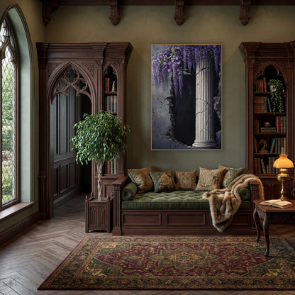 Lilac Wisteria Broken Archway Academia wall art in a moody dark academia room – purple wisteria clusters hanging