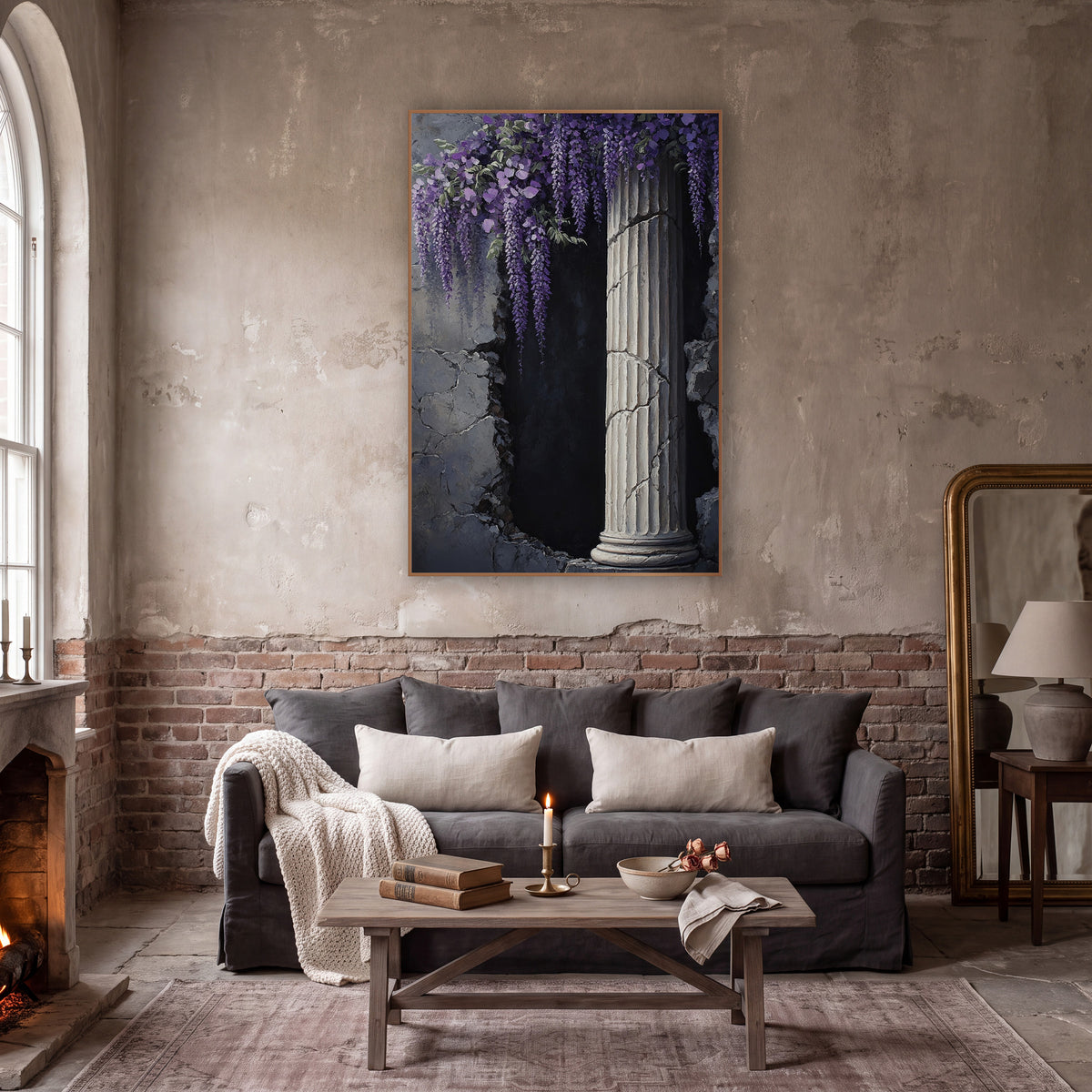 Lilac Wisteria Broken Archway Academia wall art in a moody dark academia room – purple wisteria clusters hanging