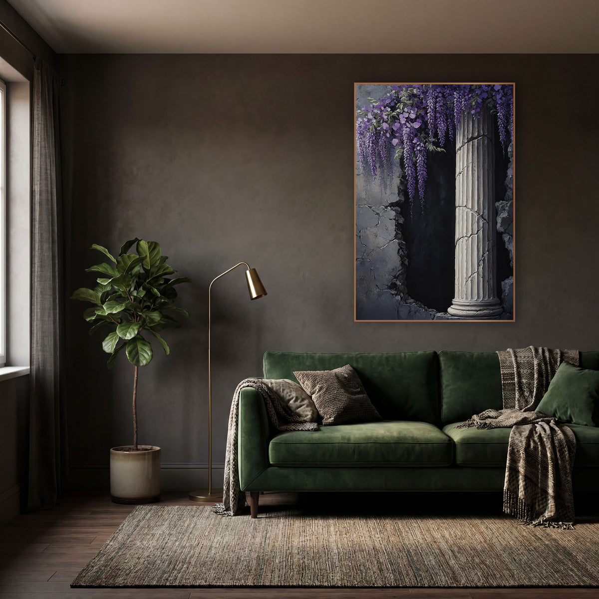 Lilac Wisteria Broken Archway Academia wall art in a moody dark academia room – purple wisteria clusters hanging