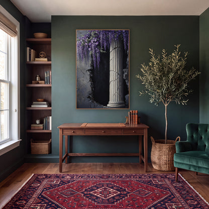 Lilac Wisteria Broken Archway Academia wall art in a moody dark academia room – purple wisteria clusters hanging
