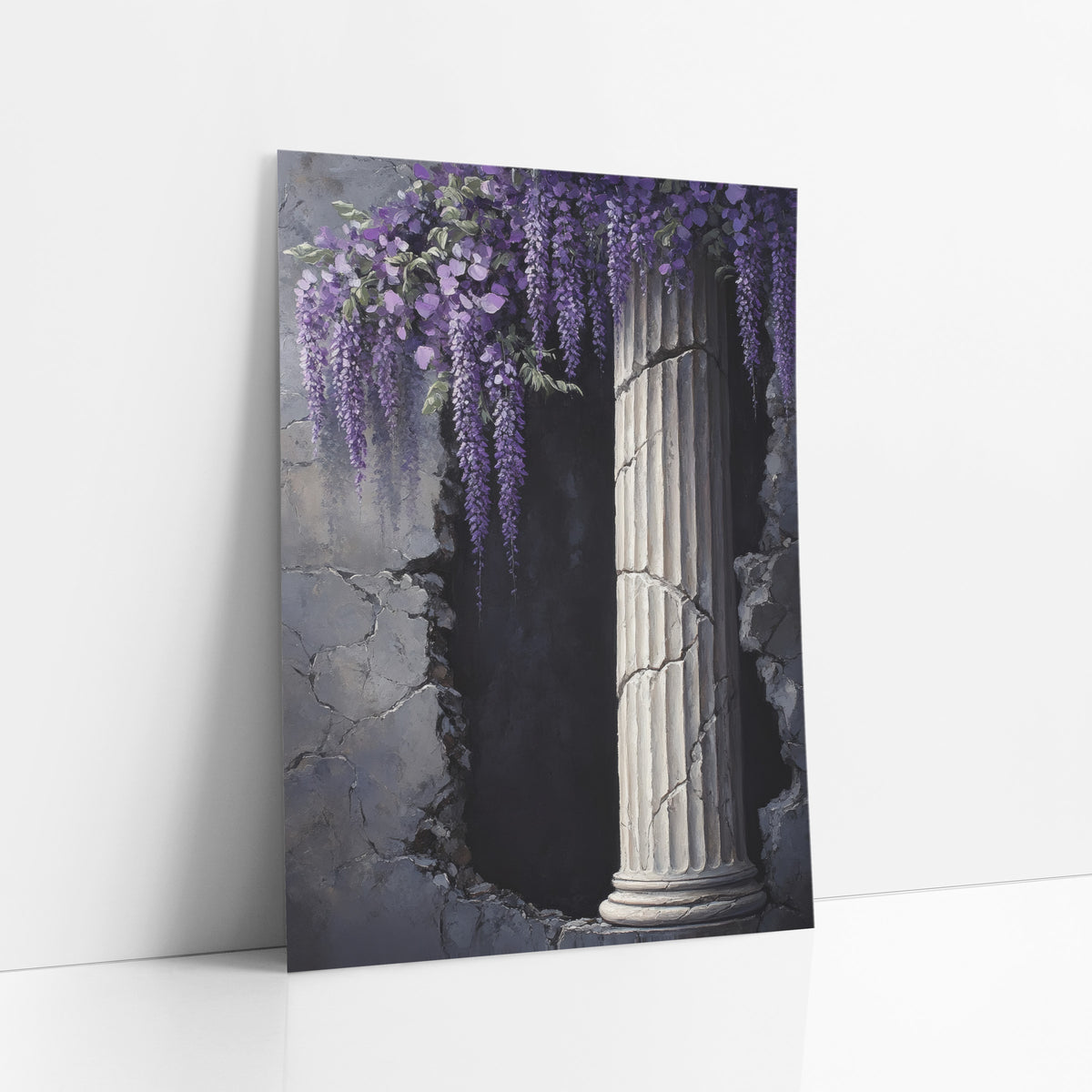 Lilac Wisteria Broken Archway Academia art print leaning against a white wall – purple wisteria clusters hanging over a pale