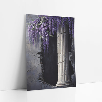 Lilac Wisteria Broken Archway Academia art print leaning against a white wall – purple wisteria clusters hanging over a pale