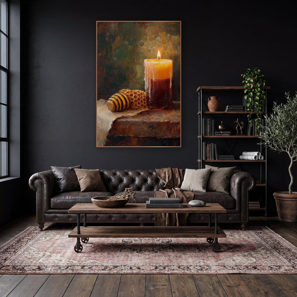 Glowing Candle Honeycomb Still Life wall art in a moody dark academia room – lit pillar candle with dripping wax