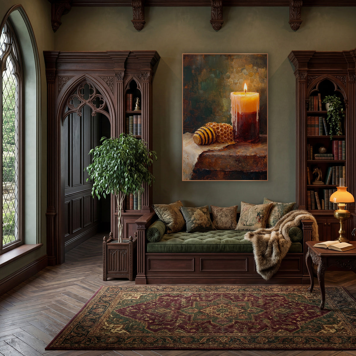 Glowing Candle Honeycomb Still Life wall art in a moody dark academia room – lit pillar candle with dripping wax