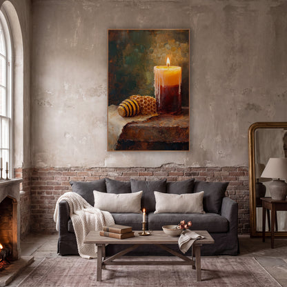 Glowing Candle Honeycomb Still Life wall art in a moody dark academia room – lit pillar candle with dripping wax