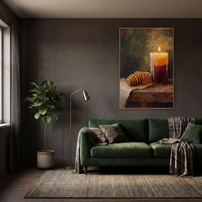 Glowing Candle Honeycomb Still Life wall art in a moody dark academia room – lit pillar candle with dripping wax