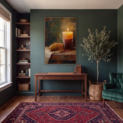 Glowing Candle Honeycomb Still Life wall art in a moody dark academia room – lit pillar candle with dripping wax