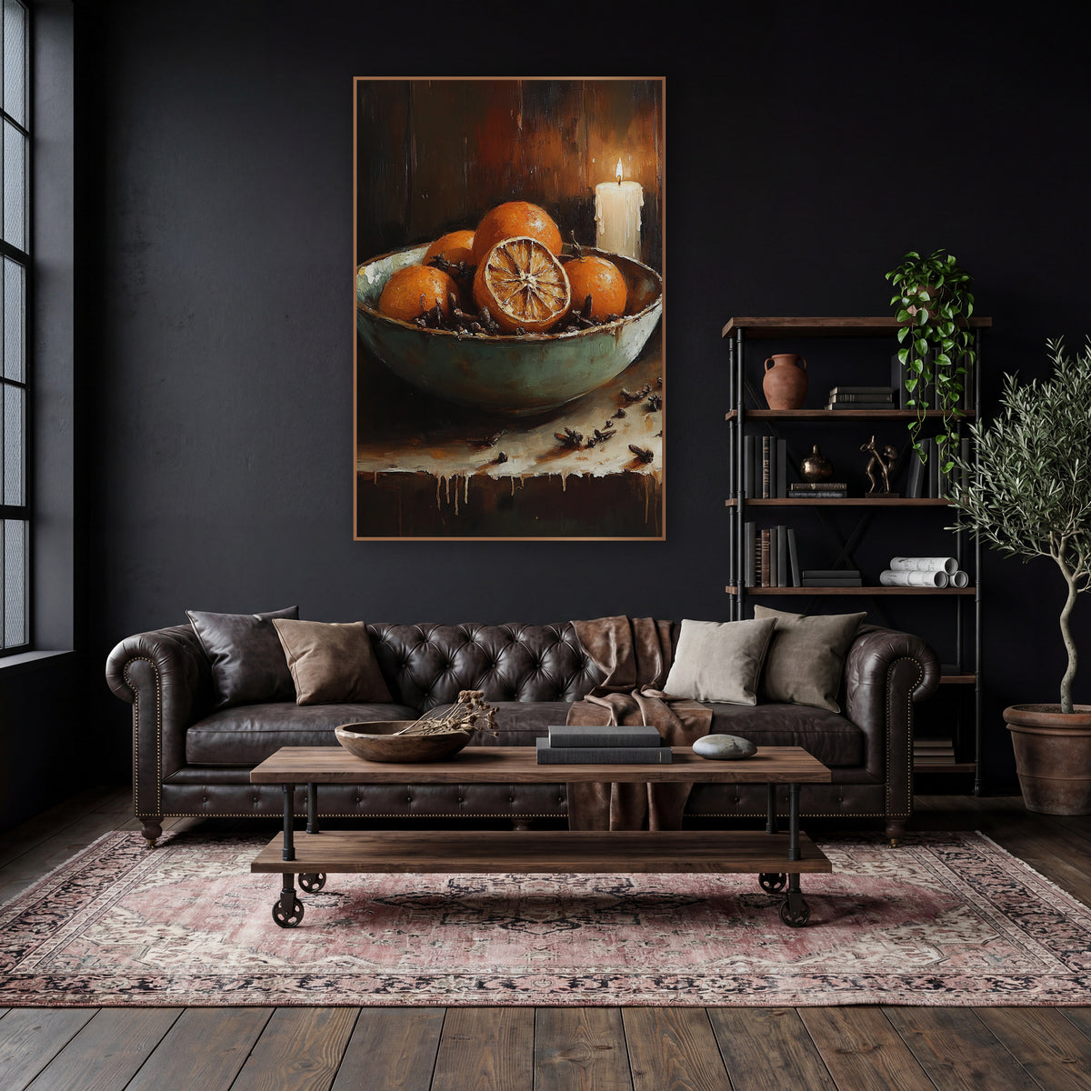 Citrus Bowl Candlelit Still Life wall art in a moody dark academia room – still life of oranges and scattered cloves