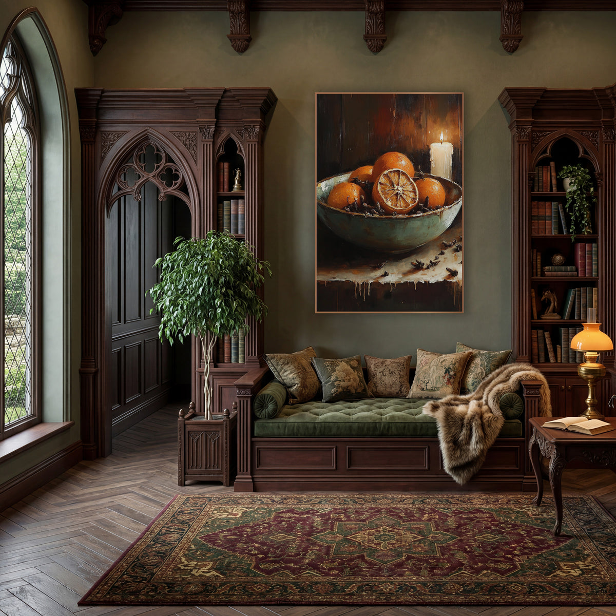 Citrus Bowl Candlelit Still Life wall art in a moody dark academia room – still life of oranges and scattered cloves