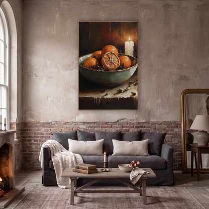 Citrus Bowl Candlelit Still Life wall art in a moody dark academia room – still life of oranges and scattered cloves
