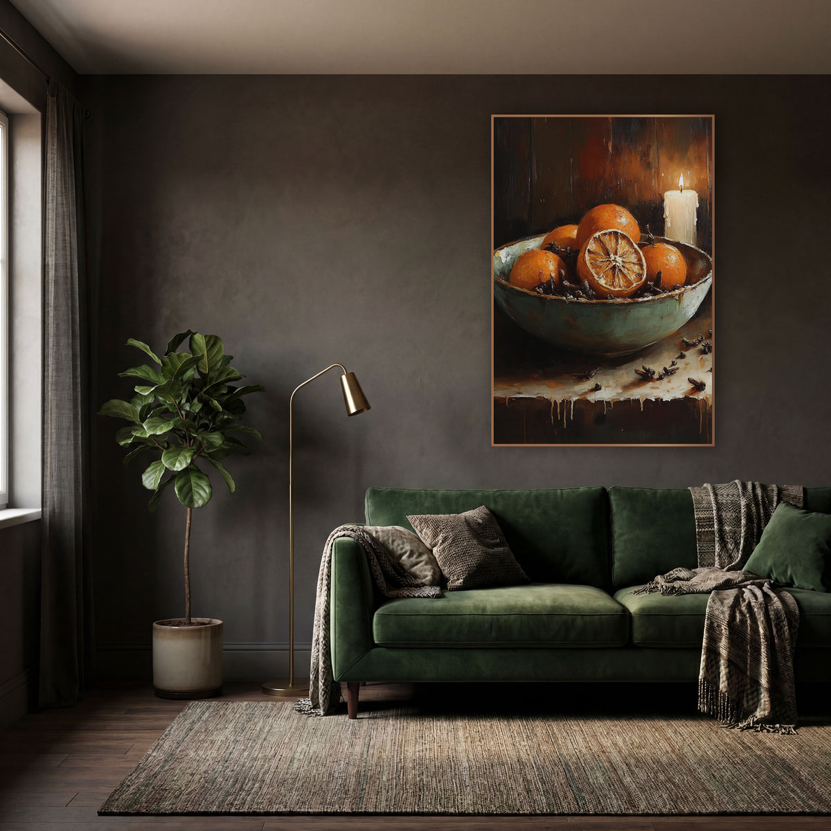 Citrus Bowl Candlelit Still Life wall art in a moody dark academia room – still life of oranges and scattered cloves