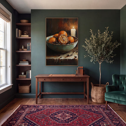 Citrus Bowl Candlelit Still Life wall art in a moody dark academia room – still life of oranges and scattered cloves
