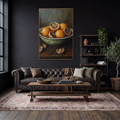Dried Orange Bowl Still Life wall art in a moody dark academia room – still life of whole and halved dried oranges