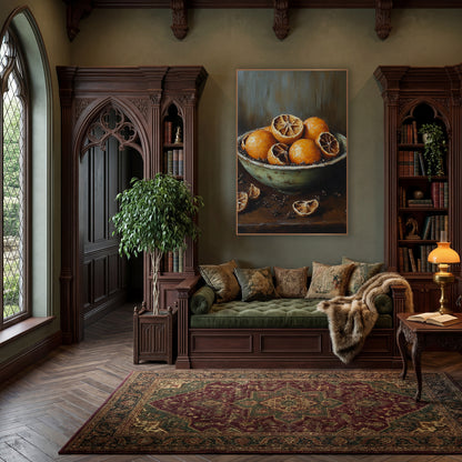 Dried Orange Bowl Still Life wall art in a moody dark academia room – still life of whole and halved dried oranges