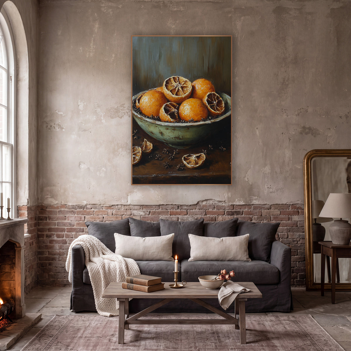 Dried Orange Bowl Still Life wall art in a moody dark academia room – still life of whole and halved dried oranges