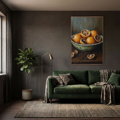 Dried Orange Bowl Still Life wall art in a moody dark academia room – still life of whole and halved dried oranges