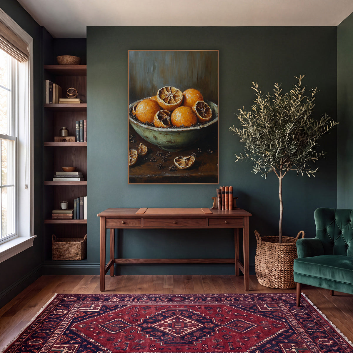 Dried Orange Bowl Still Life wall art in a moody dark academia room – still life of whole and halved dried oranges