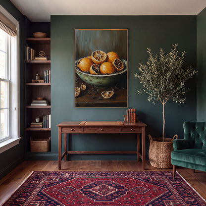 Dried Orange Bowl Still Life wall art in a moody dark academia room – still life of whole and halved dried oranges