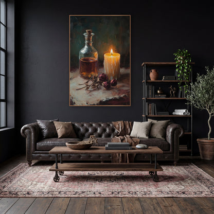 Candlelit Flask Rose Still Life wall art in a moody dark academia room – still life of a lit cream candle