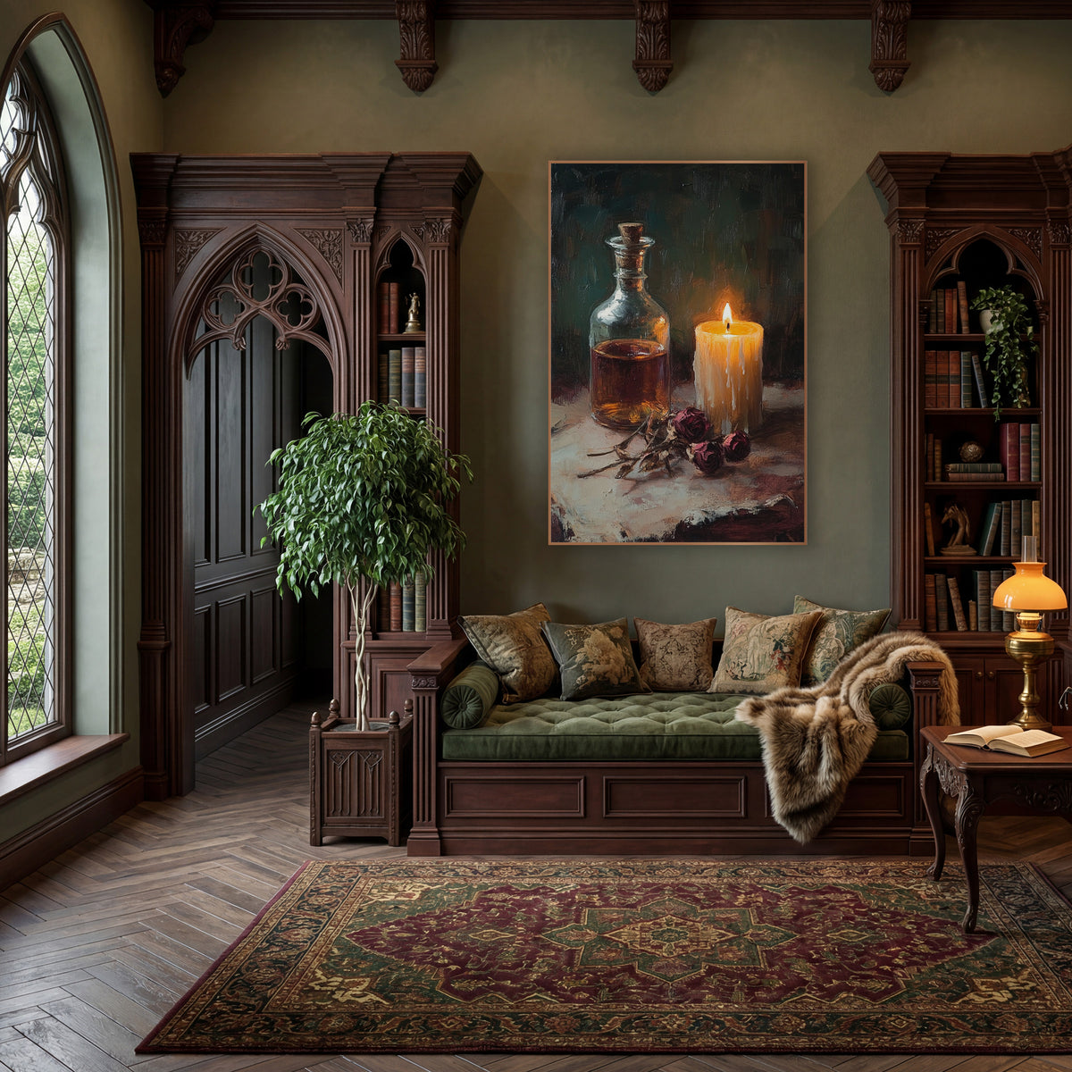 Candlelit Flask Rose Still Life wall art in a moody dark academia room – still life of a lit cream candle