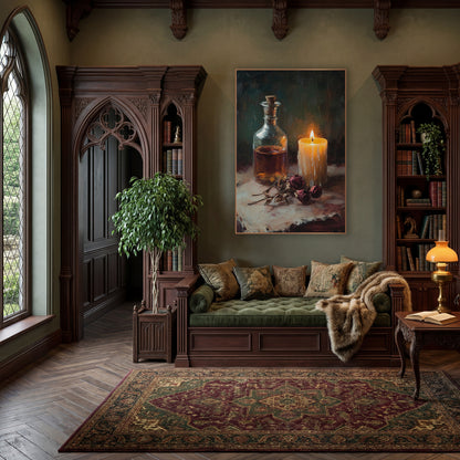 Candlelit Flask Rose Still Life wall art in a moody dark academia room – still life of a lit cream candle