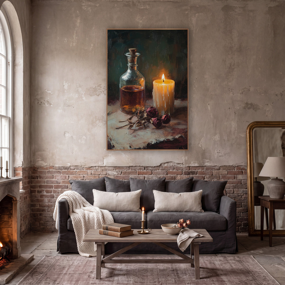 Candlelit Flask Rose Still Life wall art in a moody dark academia room – still life of a lit cream candle