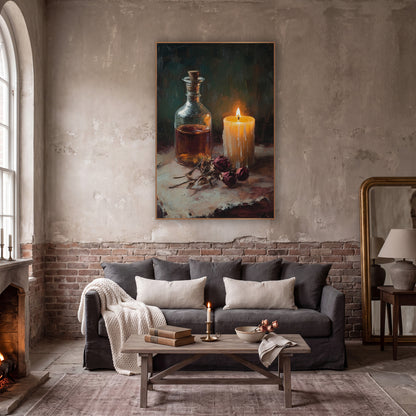 Candlelit Flask Rose Still Life wall art in a moody dark academia room – still life of a lit cream candle