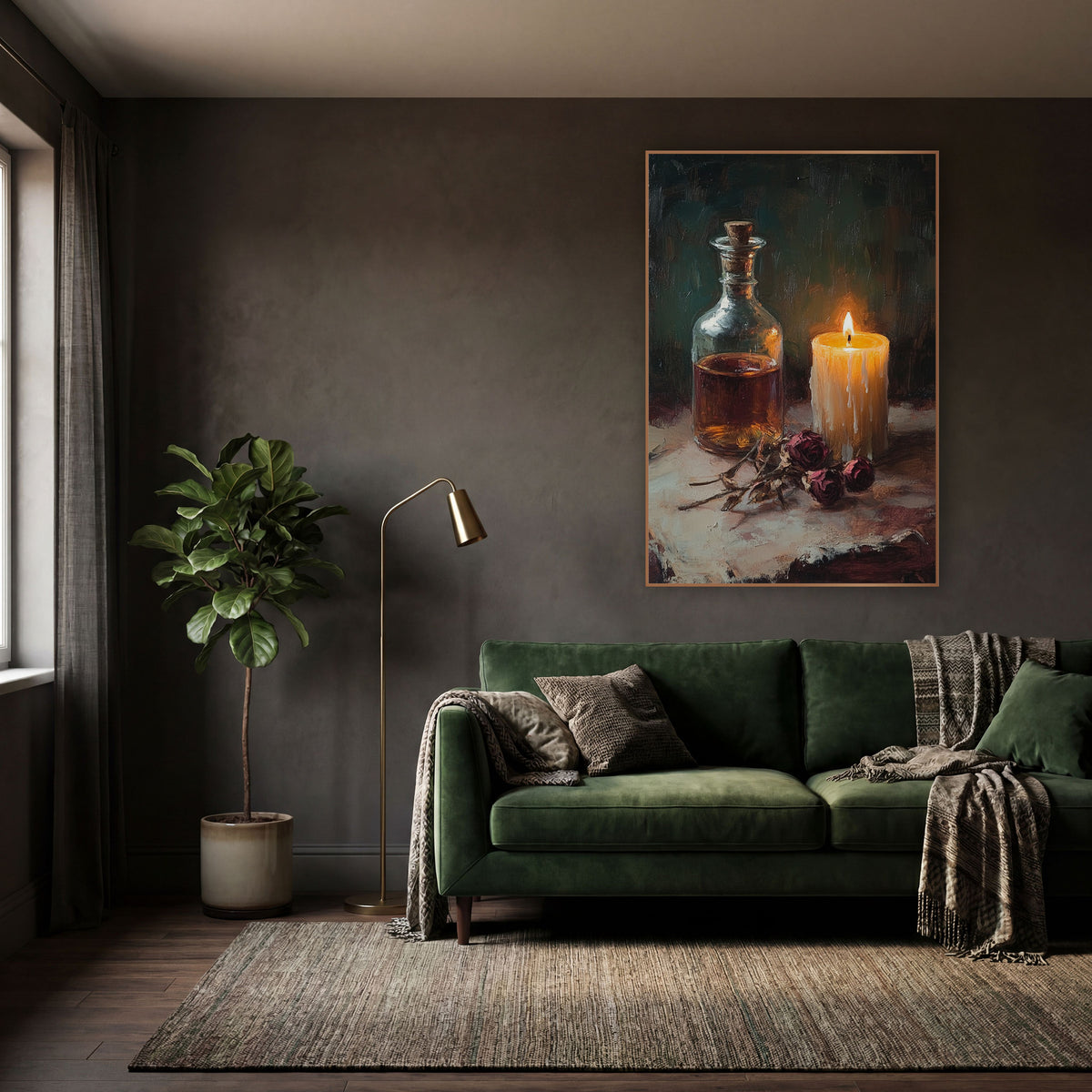 Candlelit Flask Rose Still Life wall art in a moody dark academia room – still life of a lit cream candle