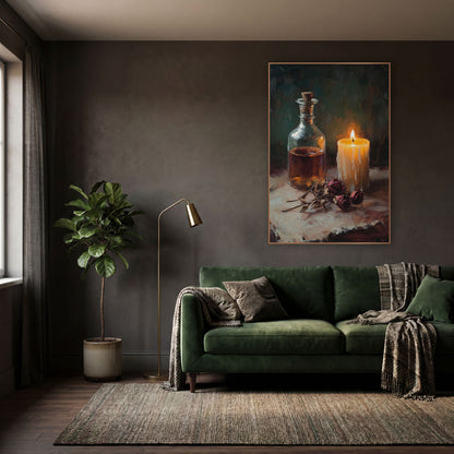 Candlelit Flask Rose Still Life wall art in a moody dark academia room – still life of a lit cream candle