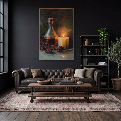 Candlelit Flask Dried Roses Still Life wall art in a moody dark academia room – still life of a corked glass flask