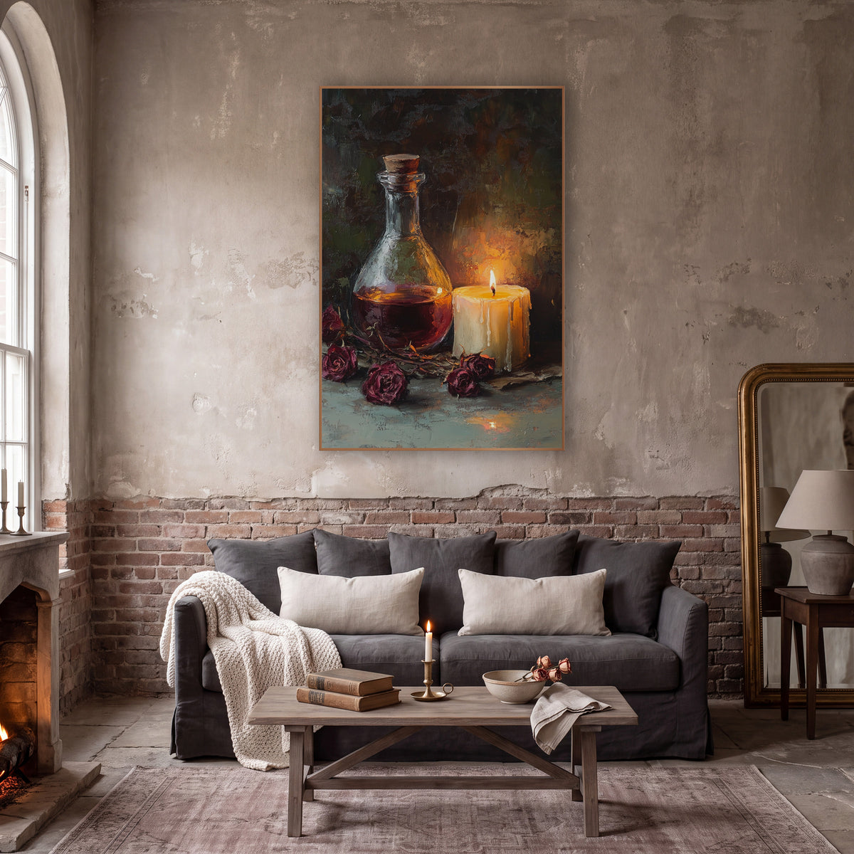 Candlelit Flask Dried Roses Still Life wall art in a moody dark academia room – still life of a corked glass flask