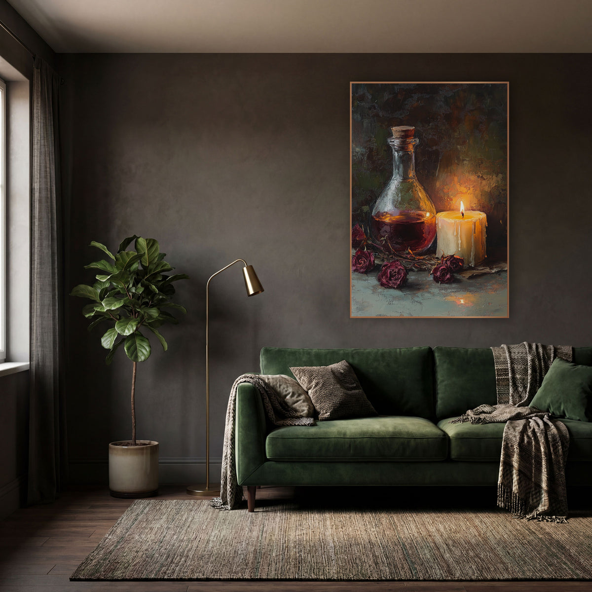 Candlelit Flask Dried Roses Still Life wall art in a moody dark academia room – still life of a corked glass flask