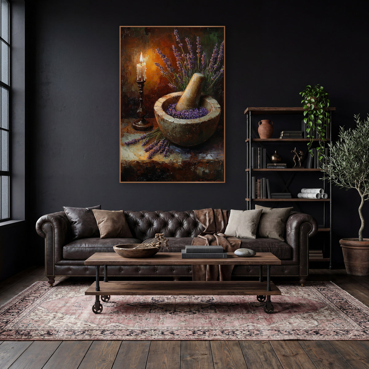 Candlestick Lavender Mortar Moody Still Life wall art in a moody dark academia room – still life of lavender