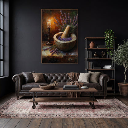 Candlestick Lavender Mortar Moody Still Life wall art in a moody dark academia room – still life of lavender
