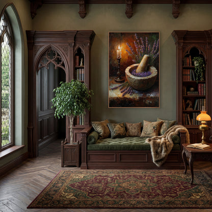 Candlestick Lavender Mortar Moody Still Life wall art in a moody dark academia room – still life of lavender