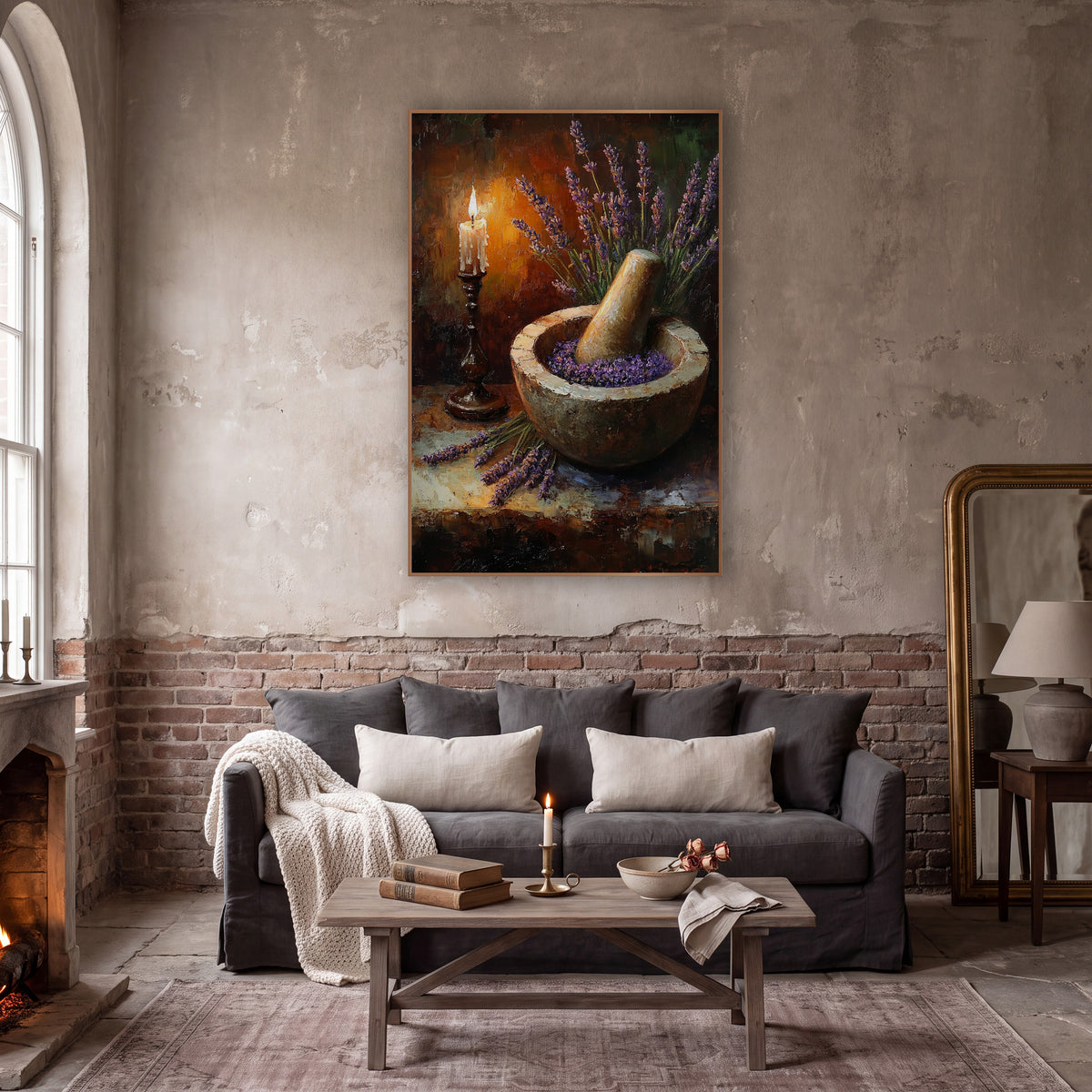 Candlestick Lavender Mortar Moody Still Life wall art in a moody dark academia room – still life of lavender