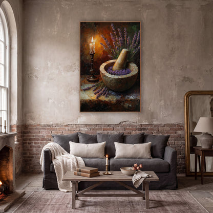 Candlestick Lavender Mortar Moody Still Life wall art in a moody dark academia room – still life of lavender