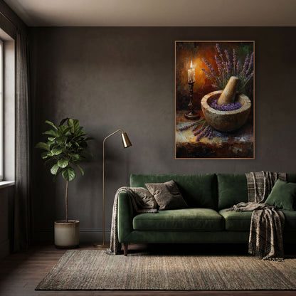 Candlestick Lavender Mortar Moody Still Life wall art in a moody dark academia room – still life of lavender