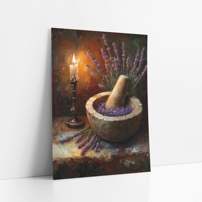 Candlestick Lavender Mortar Moody Still Life art print leaning against a white wall – still life of lavender in a stone