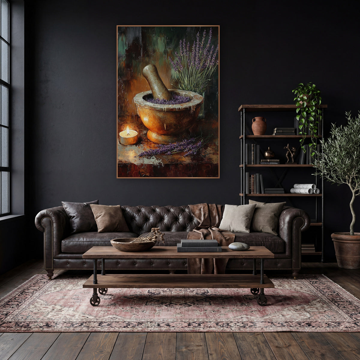 Tealight Lavender Pestle Rustic Still Life wall art in a moody dark academia room – still life of purple lavender