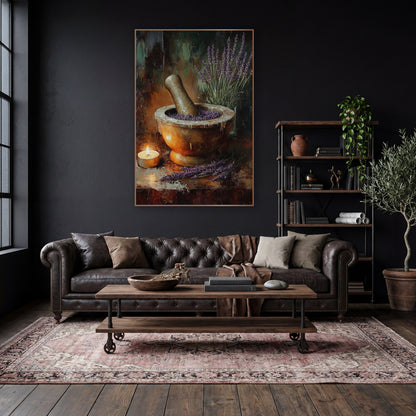 Tealight Lavender Pestle Rustic Still Life wall art in a moody dark academia room – still life of purple lavender