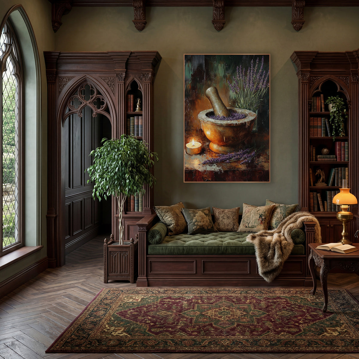 Tealight Lavender Pestle Rustic Still Life wall art in a moody dark academia room – still life of purple lavender