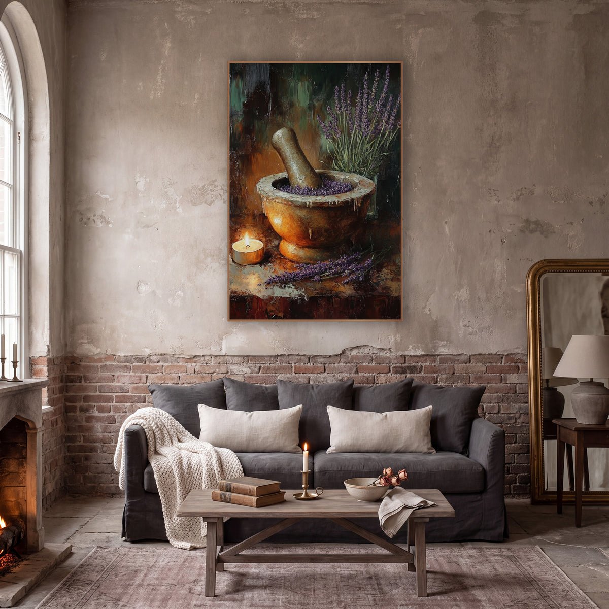 Tealight Lavender Pestle Rustic Still Life wall art in a moody dark academia room – still life of purple lavender