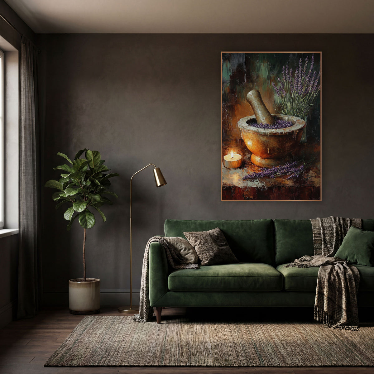 Tealight Lavender Pestle Rustic Still Life wall art in a moody dark academia room – still life of purple lavender