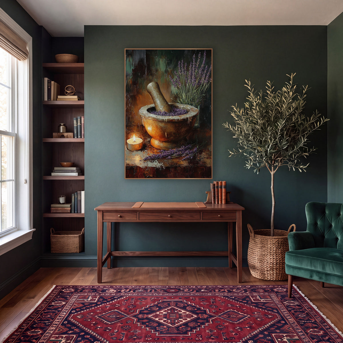 Tealight Lavender Pestle Rustic Still Life wall art in a moody dark academia room – still life of purple lavender