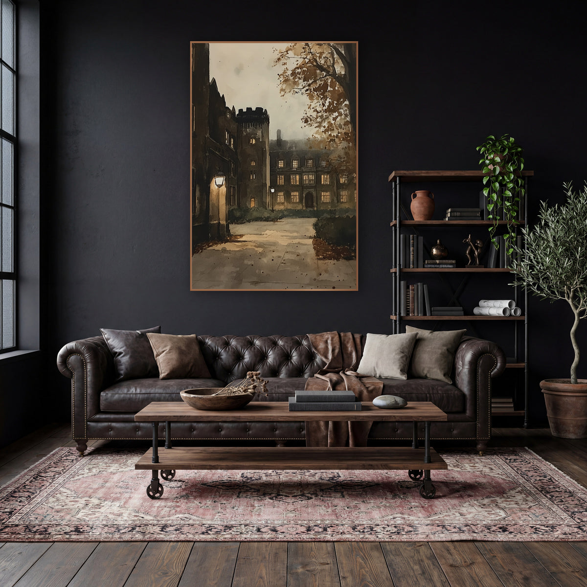 Lamplit Stone College Courtyard Academia wall art in a moody dark academia room – stone college courtyard