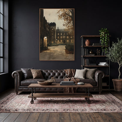 Lamplit Stone College Courtyard Academia wall art in a moody dark academia room – stone college courtyard